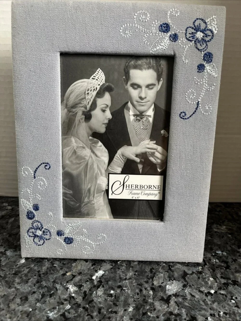 Sherborne Embroidered Floral Picture Frame Blue Gray Fabric 4x6